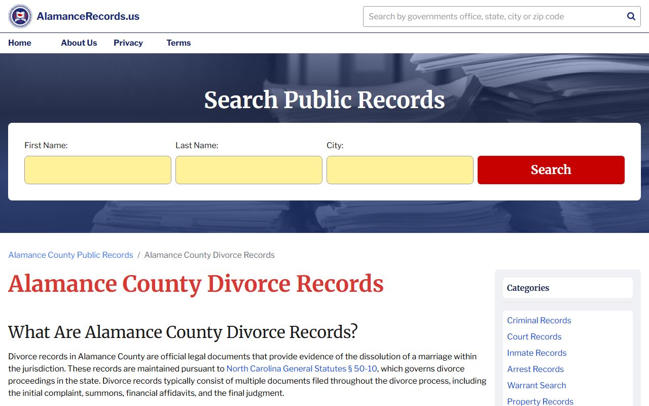 Alamance County divorce records search page