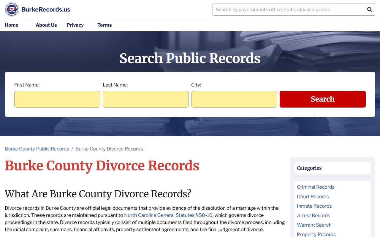 Burke County divorce records search page