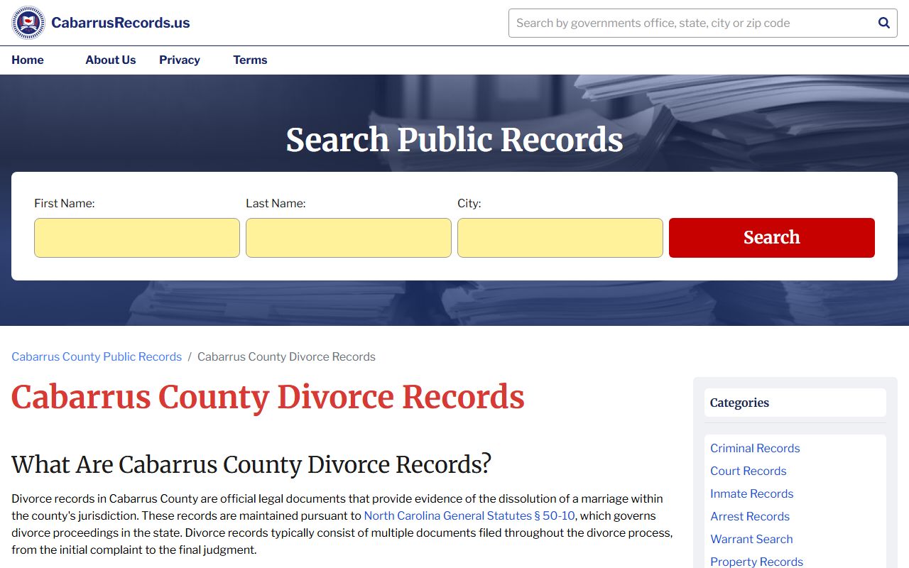 Cabarrus County divorce records information page
