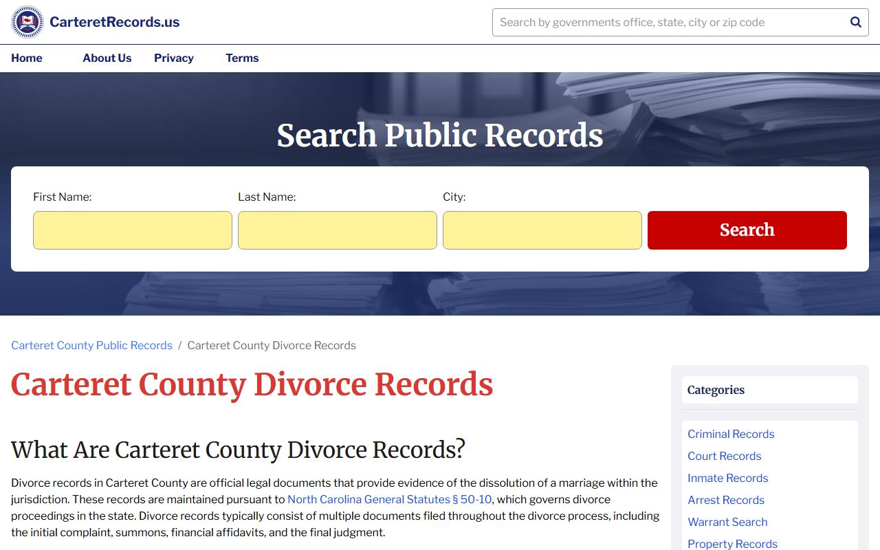 Carteret County divorce records access information