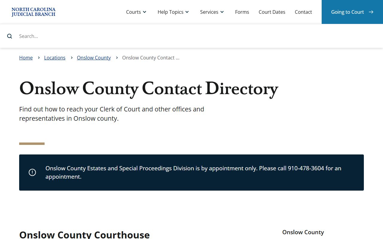 Onslow County divorce records court contact directory