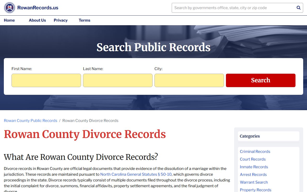 Rowan County divorce records request information