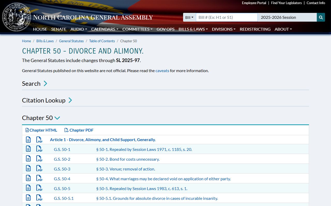 North Carolina General Statutes Chapter 50 on divorce and alimony