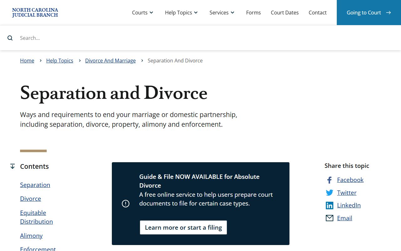 North Carolina Judicial Branch separation and divorce help page