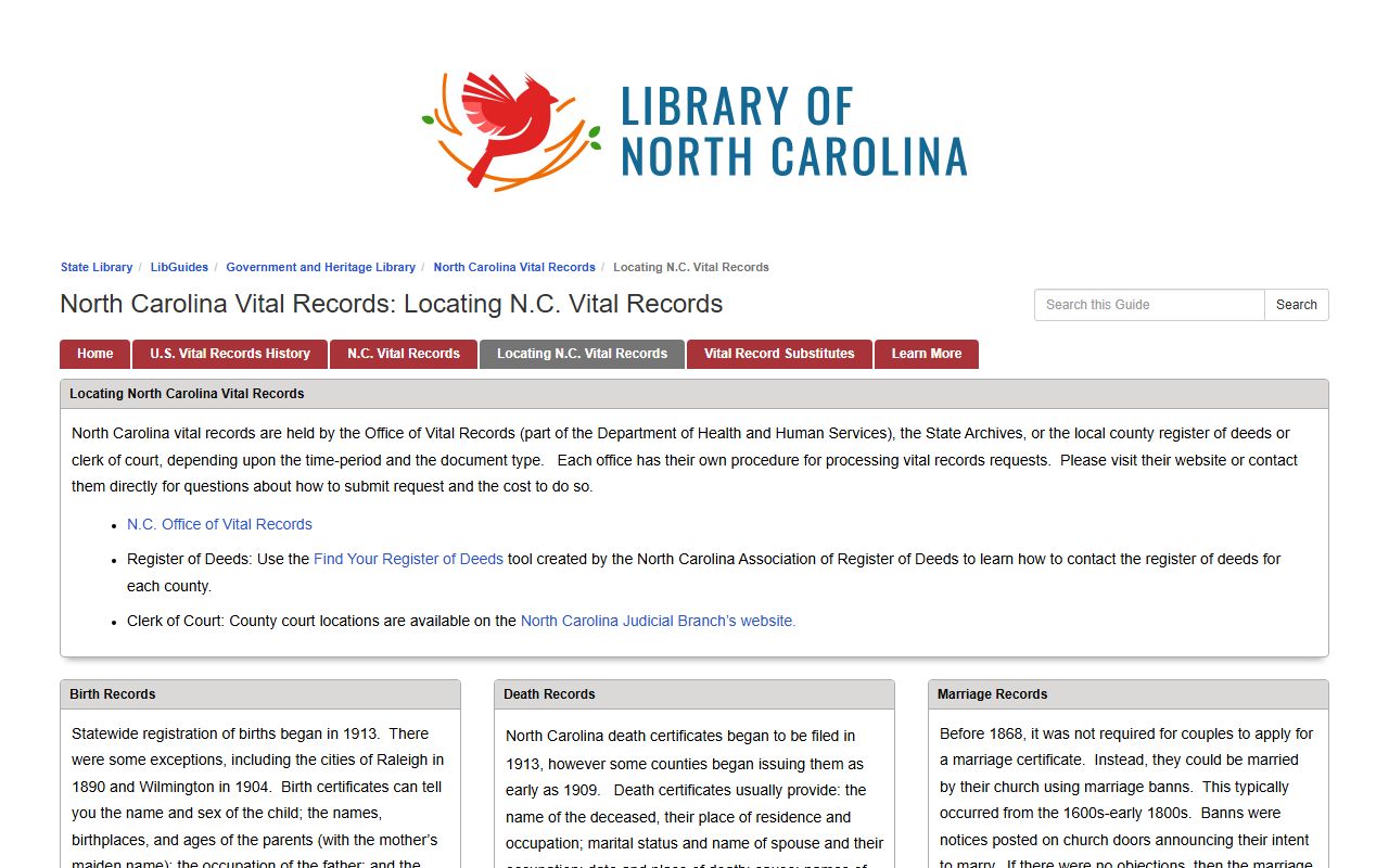 North Carolina State Library vital records research guide