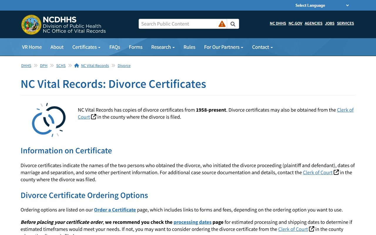 North Carolina Vital Records divorce certificate ordering page