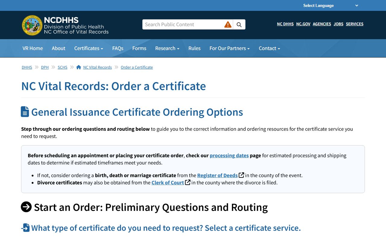 North Carolina Vital Records certificate ordering page