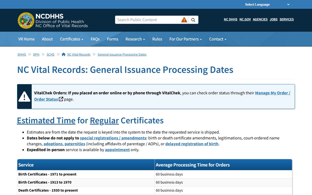 North Carolina Vital Records processing dates page